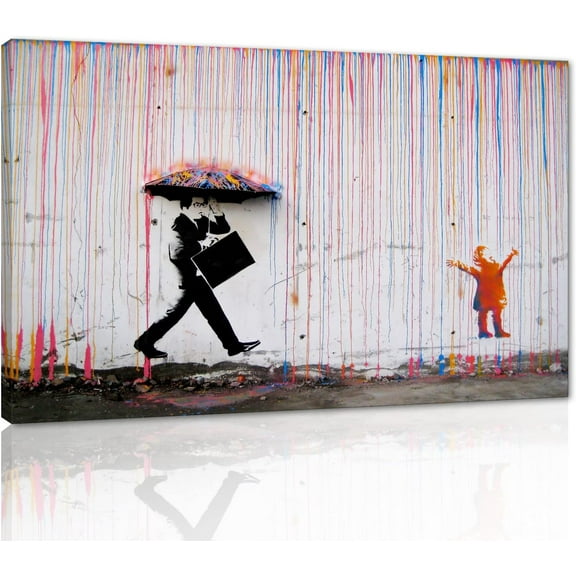 VELVET Banksy Wall Art Canvas, Colorful Rain Picture, Graffiti Poster and Print Modern Pop Street Graffiti Home Decorations Ready to Hang 24x16inch Framed