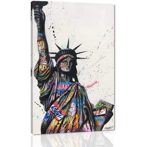 VELVET Banksy Wall Art Canvas, Statue of Liberty Picture, Graffiti Poster and Print Modern Pop Street Graffiti Home Decorations Ready to Hang 12x16inch Framed
