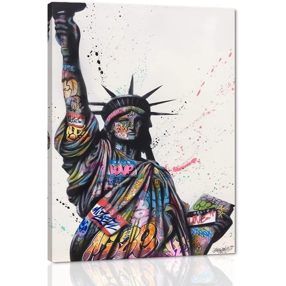 VELVET Banksy Wall Art Canvas, Statue of Liberty Picture, Graffiti Poster and Print Modern Pop Street Graffiti Home Decorations Ready to Hang 16x20inch Framed
