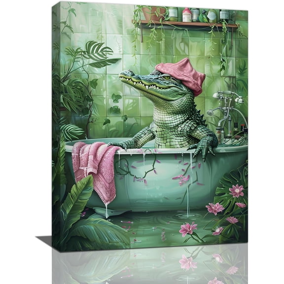 VELVET Bathroom Crocodile Wall Art Alligator Bathroom Pictures Wall Decor Funny Toilet Bathroom Canvas Painting Home Modern Artwork Decorations for Restroom 20x24inch Framed
