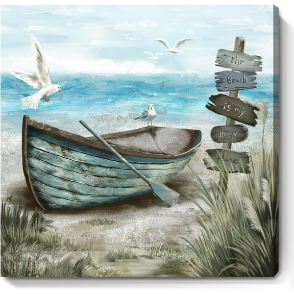 VELVET Bathroom Wall Art Coastal Décor Nautical Boat on Beach Canvas Picture Ocean Seagull Seascape Canvas Print Sea Bird Farmhouse for Seashore Living Room Small Square Blue Teal 16x12inch Framed