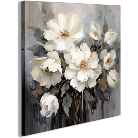 VELVET Bathroom Wall Art - White and Gray Flower Decoration, 14x11inch Framed