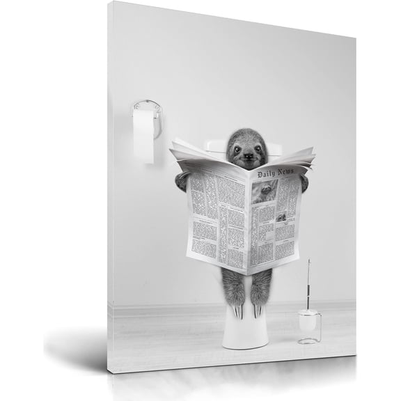 VELVET Bathroom Wall Art,in Black and White Sloth Wood Wall Decor,Animal Reading Newapapers Abstract prints for Bedroom Classroom 1 Pack Gift 12x18inch Framed