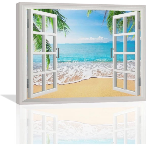 VELVET Beach Bathroom Wall Art Coastal Beach Ocean Pictures Wall Decor 3D Window Art Blue Sea Canvas Painting Print Tropical Palm Tree Nature Landscape Home Artworks for Living Room 20x16inch Framed