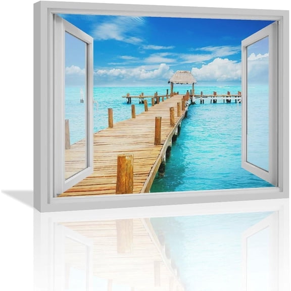 VELVET Beach Bathroom Wall Art Coastal Beach Ocean Pictures Wall Decor 3D Window Art Blue Sea Island Canvas Painting Print Tropical Nature Landscape Home Decor Artworks for 10x8inch Framed