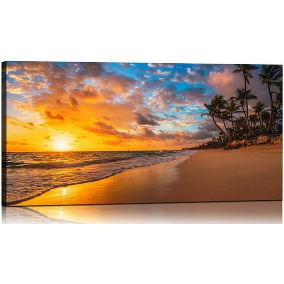 VELVET Beach Canvas Wall Art Decor Seascape Theme Pictures for Living Room Gold Ocean Palm Tree Prints on Canvas for Golden Sunset Painting Extra Large for Kitchen Natural Scenery 18x12inch Framed