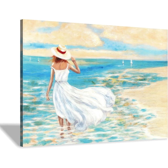 VELVET Beach Pictures Canvas Wall Art: Beachy Girls & Ocean Artwork Seascape Nautical Painting Coastal Lady Prints Decor for Living Room 24x20inch Framed