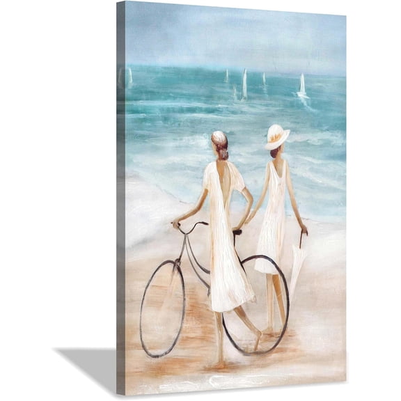 VELVET Beach Pictures Canvas Wall Art: Coastal Lady & Bicycle Artwork Blue Ocean Sailboat Painting Seascape Nautical Scenes Print on Canvas for Bathroom 11x14inch Framed