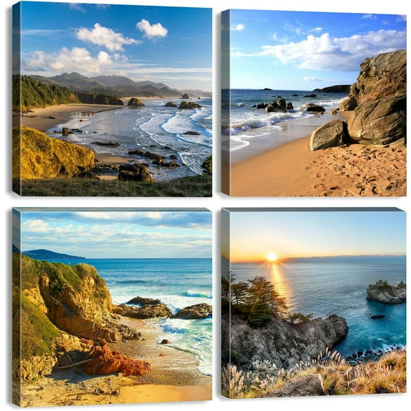 VELVET Beach Scene Canvas Wall Art Oregon Coast Landscape Pictures for Living Room Ocean Sunrise Wall Decor Nautical Seascape Paintings Artworks Family Bedroom Home Decorations 4 Pcs 14x11inch Framed