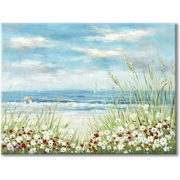 VELVET Beach Scene Canvas Wall Art Seaside White Wildflower & Blue Ocean Seascape Painting Picture Artwork for Bedroom Wall Decoration 14x11inch Framed