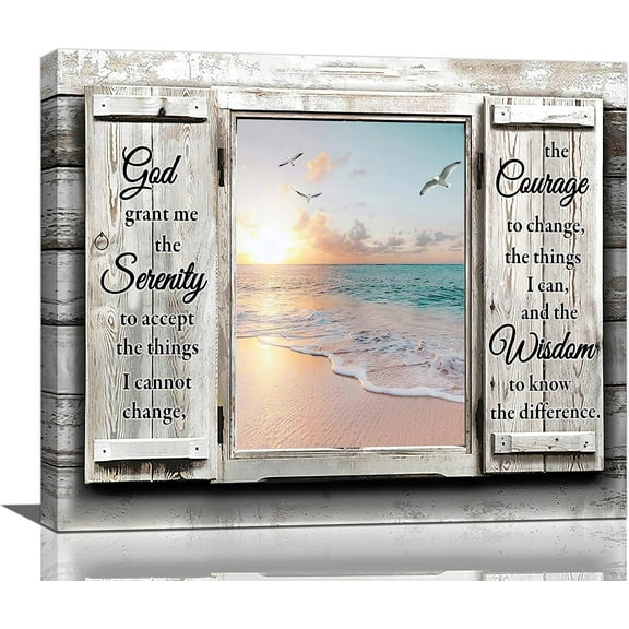 VELVET Beach Serenity Prayer Wall Art Coastal Country Farmhouse Canvas Prints Window Sunset Ocean Pictures Painting Scripture Christian Artwork Gifts Decor for Bathroom Kitchen Dining 10x8inch Framed