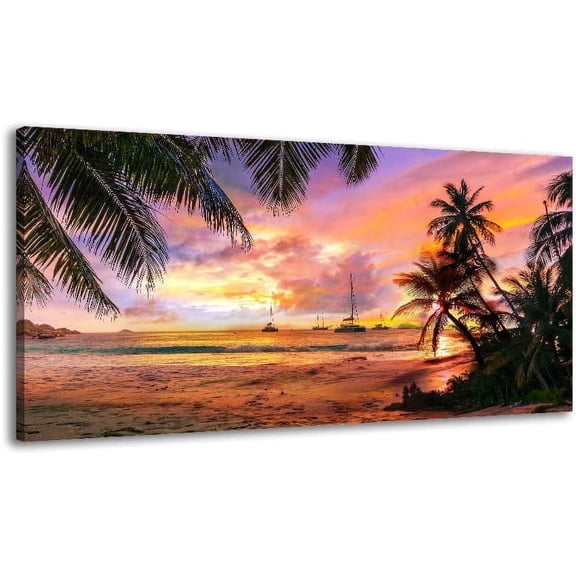 VELVET Beach Sunset Canvas Wall Art for Tropical Palm Tree Summer Artwork Ocean Themed Coconut Trees Seascape Coastal Painting Nature Picture Living Room Home Office Decoration 10x8inch Unframed