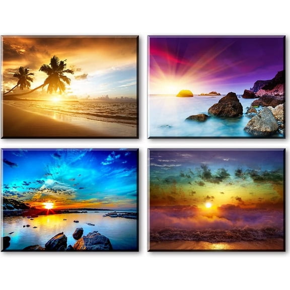 VELVET Beach Theme Decor for Bedroom, HD Beautiful Sunset Sea Wall Art, Colorful Canvas Prts Home Decorations (4 Piece 1" Thick , Waterproof Artwork, Bracket Mounted Ready to Hang) 10x8inch Unframed