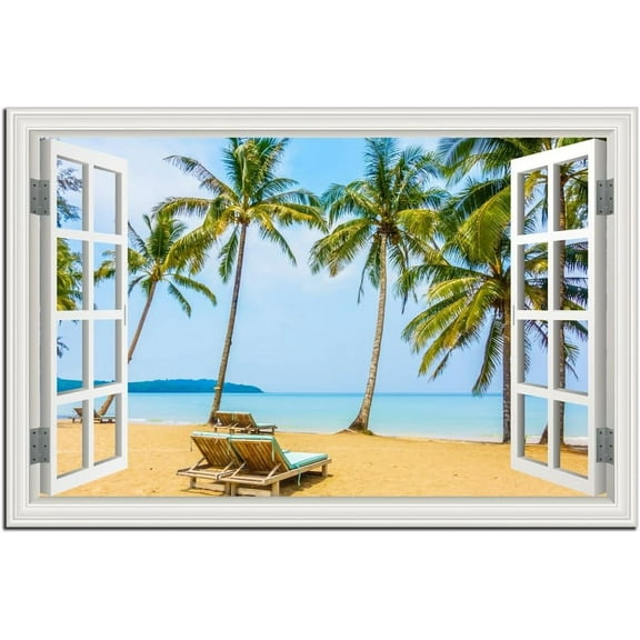 VELVET Beach Wall Art Fake Window Pictures Beach Window Canvas Wall Art Blue Coastal Tropical Palm Tree Ocean Print for Living Room,, Bathroom & Home Office Decorations Ready to Hang 10x8inch Framed
