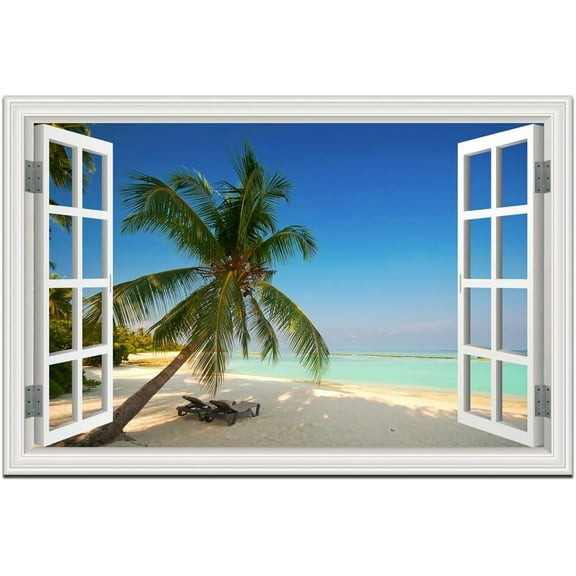 VELVET Beach Wall Art Ocean Theme Canvas Pictures White Fake Window Style Tropical Palm Tree Wall Painting Extra Large Blue Coastal Landscape Art Print Seascape for Living Room 24x16inch Framed