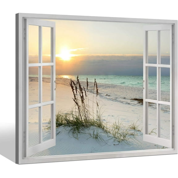 VELVET Beach Window Canvas Wall art: tropical Sunrise Seascape Picture Coastal Ocean Painting Open Window Artwork Print for Bathroom Decor 16x12inch Framed