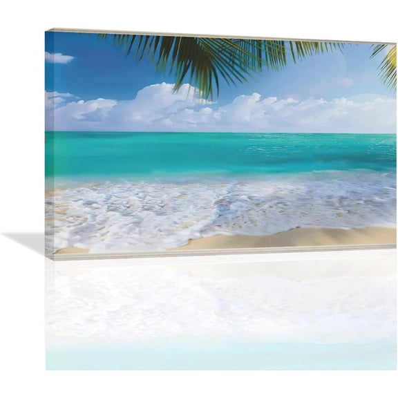 VELVET Beach Window Wall Art Ocean Palm Pictures Wall Decor Coastal Large Canvas Prints Paintings Home Office Decorations Artwork for Living Room 18x12inch Framed