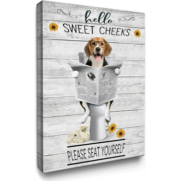 VELVET Beagle Dog Bathroom Canvas Wall Art Funny Beagle Sitting Toilet Painting Wall Decor Farmhouse Dog Posters Home for Bathroom Toilet Decoration 11x14inch Framed