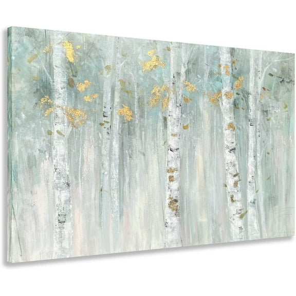VELVET Birch Tree Canvas Wall Art with Gold Foil Abstract Forest Paintings with Textured Green Landscape Pictures for Living Room Bedroom Bathroom Decor 24x20inch Framed