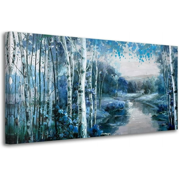 VELVET Birch Tree Wall Art Canvas Blue Landscape Nature Forest Painting Teal Mountain River Picture, Extra Large Artwork Textured for Living Room Bedroom Home Office Wall Décor 10x8inch Framed