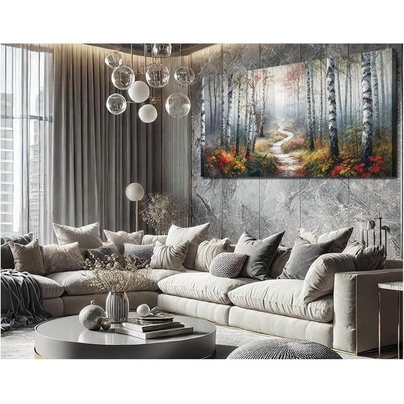 VELVET Birch Tree Wall Art Canvas Maple Landscape Painting Fall Forest Leaves Red Leaf Picture Artwork for Bathroom Living Room 24x20inch Framed