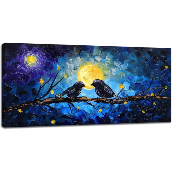 VELVET Bird Wall Art Starry Night Moon Pictures Wall Decor Canvas Prints Above Bed Landscape Artwork Paintings Horizontal Home Office Decorations for Living Room Bedroom Dinning Room 16x12inch Framed