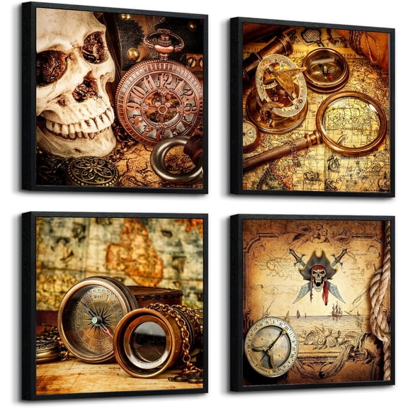 VELVET Black Wall Art For Living Room Office Wall Decor Pictures Pirate Ship Compass Restoring Ancient Ways Wall Painting Prints Artwork Bedroom Decor Dormitory Room Decor 4 Piece 10x8inch Unframed