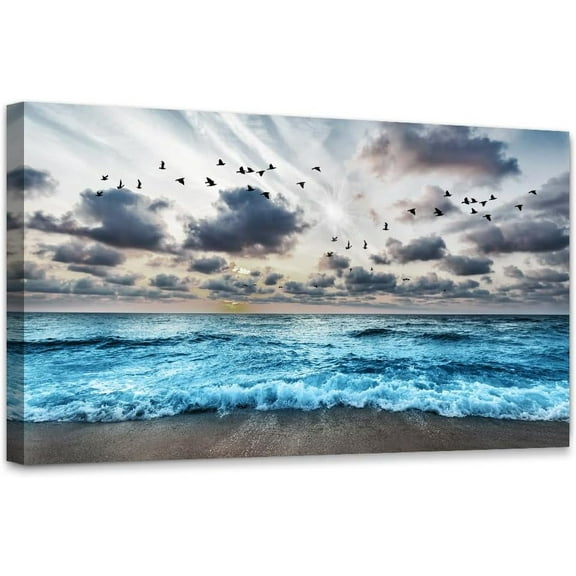 VELVET Black And White Beach Wall Painting Canvas Wall Art For Living Room, Bedroom, Office Blue Sea Wave Pictures Modern Hotel Room Home Decor 16x12inch Framed