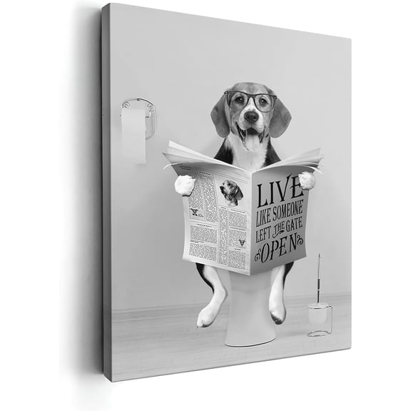 VELVET Black and White Beagle Dog Bathroom Decor Wall Art Funny Beagle Sitting Toilet Reading Newspaper Pictures Print Painting Wall Décor for Bathroom Toilet Artwork 12x18inch Framed