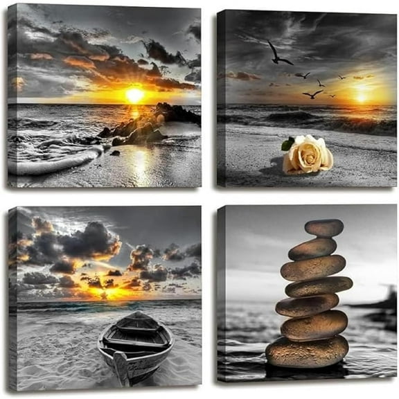 VELVET Black and White Gold Beach Wall Art Ocean Canvas Seascape Prints Posters Zen Wall Decor Sea Sunrise Scenery Wall Pictures Coastal Paintings for bathroom Wall Art -x 4 pcs 10x8inch Unframed