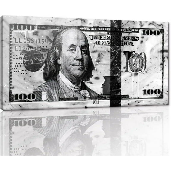 VELVET Black and White Graffiti Dollar Wall Canvas Patg Picture Artwork for Walls Large 100 Bill Giclee Canvas Wall Picture Creative Money Art Prt Positive Modern Easy to Hang- 24x16inch Framed