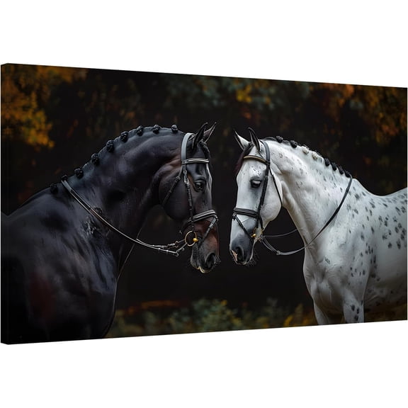 VELVET Black White Horse Pictures Wall Art Wild Animals Posters Prints on Canvas Decor Modern Two Horse Canvas Painting Wall Decor Living Room Bedroom Kitchen Home Office Decor- 16x12inch Framed
