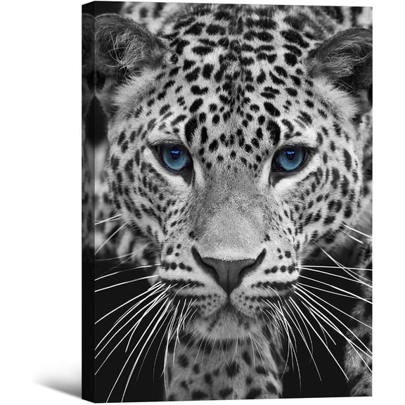 VELVET Black and White Leopard Canvas Wall Art Blue Eyes Animal Pictures Prints Wall Decor Modern Wildlife Animals Artwork for Living Room Bedroom Bathroom Home Decoration - 12x16inch Framed