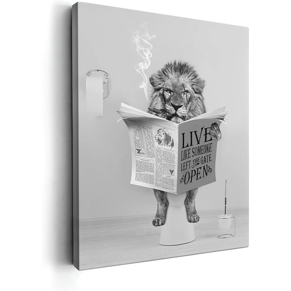 VELVET Black and White Lion Bathroom Decor Wall Art Funny Lion Sitting Toilet Reading Newspaper Pictures Print Painting Wall Décor for Bathroom Toilet Artwork 12x16inch Framed