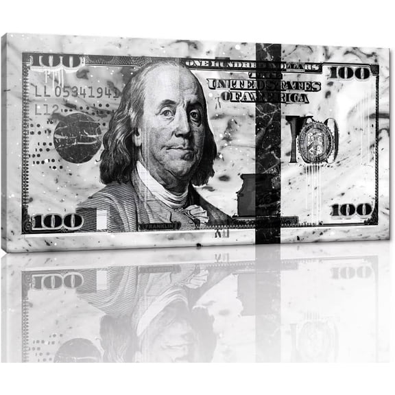VELVET Black and White Office Decor Wall Art Canvas 100 Dollar Money Posters and Prts Artwork HD Prt 100 USD Bill Money Work Pictures for Office Home Livg Room Bedroom Rest Room- 10x8inch Unframed