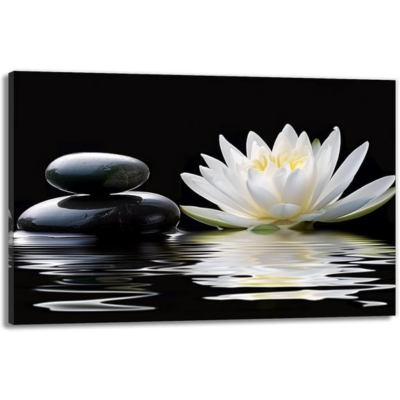 VELVET Black And White Zen Wall Art Lotus With Spa Stone Water Painting Print Minimalist Serenity Decor for Bathroom Bedroom Meditation Room 24x20inch Framed