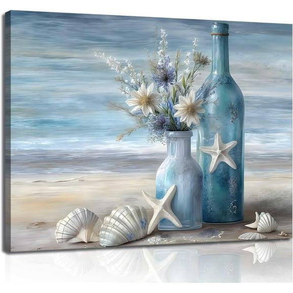 VELVET Blue Beach Ocean Flower Canva Wall Art Coastal Seascape Floral Vase Poster Picture Starfish Conch Theme Painting Rustic Shell Print for Bathroom Living Room Office Wall Decor 14x11inch Framed
