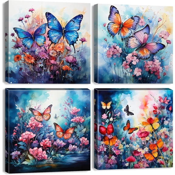 VELVET Blue Butterfly Canvas Wall Art Colorful Flower Pictures Abstract Butterfly Wall Decor Nature Wildflower Prints Paintings Cottagecore Artwork Living Room Decorations 4Pcs 10x8inch Unframed