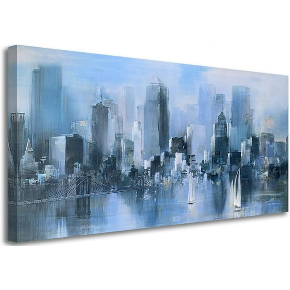 VELVET Blue Canvas Wall Art Abstract Cityscape Picture Textured Painting, New York Brooklyn Bridge Modern Picture Artwork Large for Living Room Bedroom Bathroom Office Home Decor 10x8inch Framed