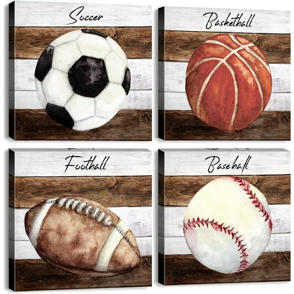 VELVET Boys Decor Sports Room Decor for Boys Baseball Soccer Room Decor Rustic Football Basketball Canvas Posters Toddler Sports Nursery Decor Kids Paintings Artwork Decorations 4Pcs 14x11inch Framed