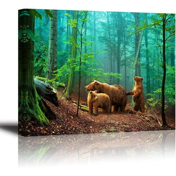 VELVET Brown Bear Wall Art for Kids Room Cute Animal Canvas Patg of Mother and Cub Old-growth Forest Picture Adorable Family Wildlife Decor Thick Waterproof Bracket Mounted to Hang 16x12inch Framed