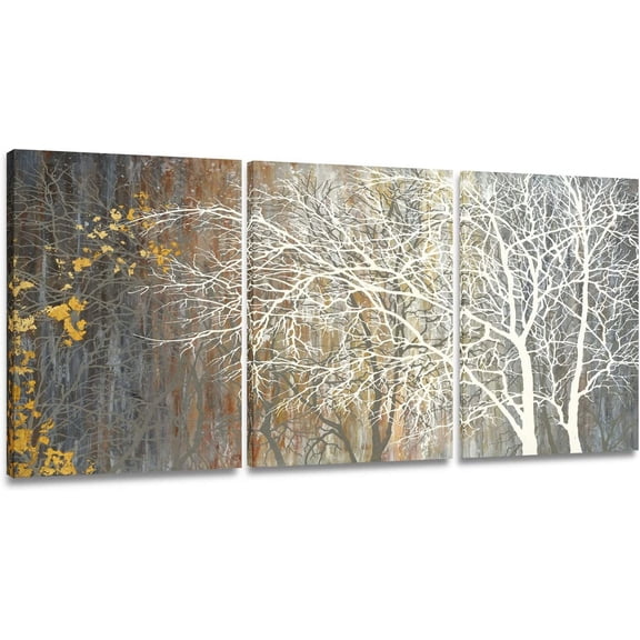 VELVET Brown Canvas Wall Art Tree Couples Paintings with Gold Foil 3 Panels Abstract Forest Pictures for Farmhouse Bedroom Bathroom Living Room Decor 11x14inch Framed