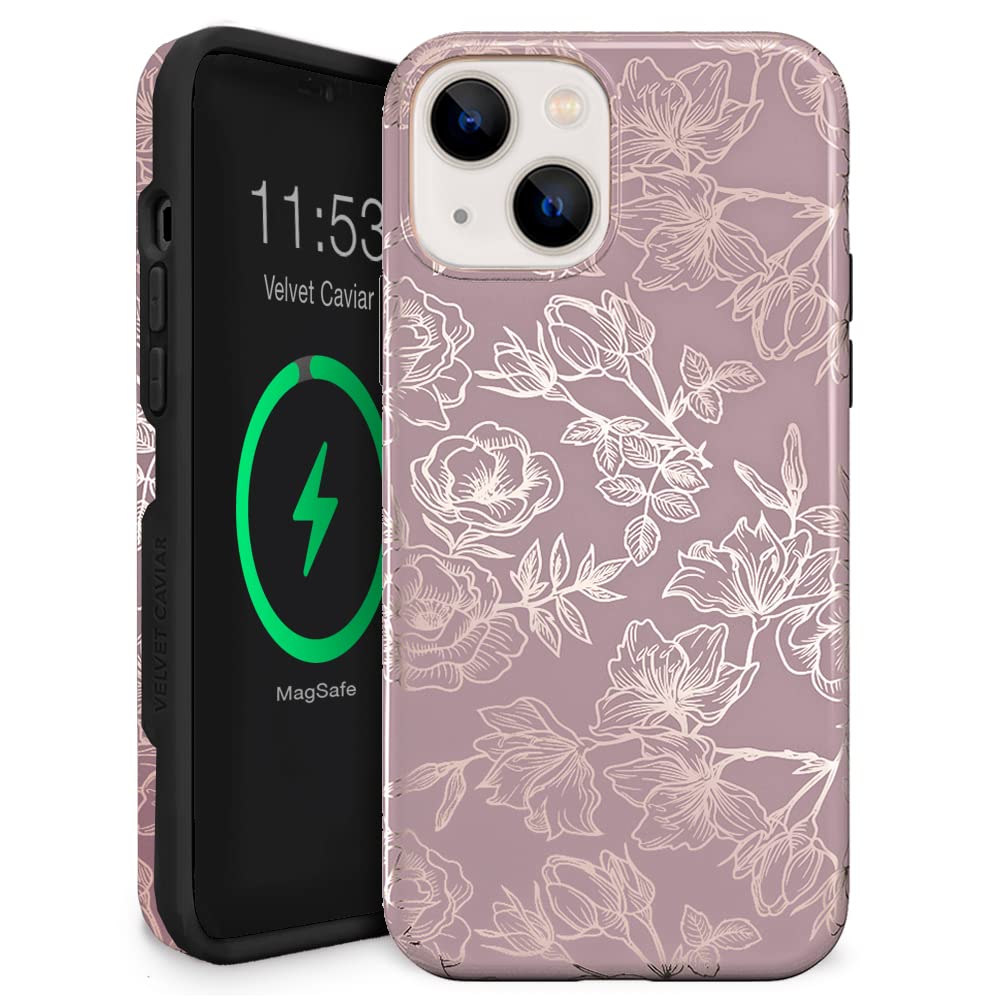 VELVET CAVIAR iPhone 13 Mini Case Rose Gold Flowers - Compatible with MagSafe - Protective Mauve Purple Case for Women - Dusty Rose Floral