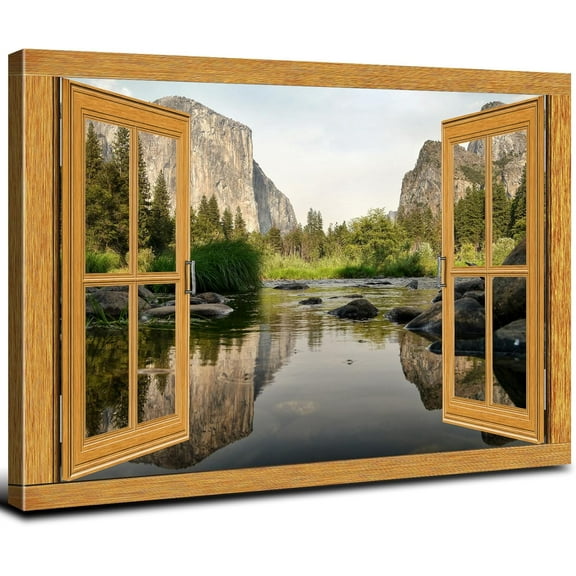 VELVET California Scenery Wall Art for Living Room Yosemite Valley Landscape Canvas Poster Rustic Mountains Fake Open Window Scene Picture Modern Wilderness Scenic Print Decoration 10x8inch Framed