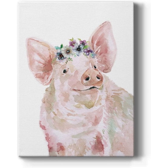 VELVET Canvas Animal Wall Art Modern Decorations Patgs & Prts Happy Floral Crown Pig Abstract Pk Romantic Wall Hangg Artwork for Bedroom Office Kitchen - 8x10inch Unframed
