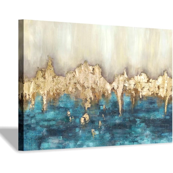 VELVET Canvas Patg Wall Art Abstract: Heavy Textured Hand Pated Dark Blue & Gold Foils Picture Artwork for Livg Room (x 1 Panel) 18x12inch Framed