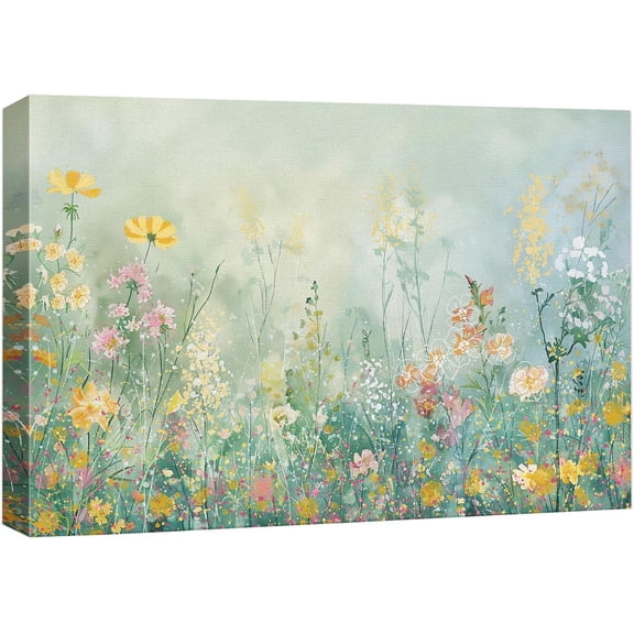 VELVET Canvas Print Blooming Field Yellow and Pink Flowers a Lush Green Field Illustrations Realism Rustic Colorful Multicolor for Living Room, Bedroom, Office - 10x8inch Framed