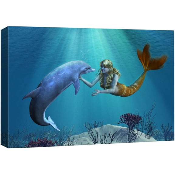 VELVET Canvas Print Wall Art 3D Dolphin and Mermaid Under The Sea Fantasy & Sci-Fi Ocean Digital Art Modern Art Nautical Scenic Colorful Ultra for Living Room, Bedroom, Office - 10x8inch Framed