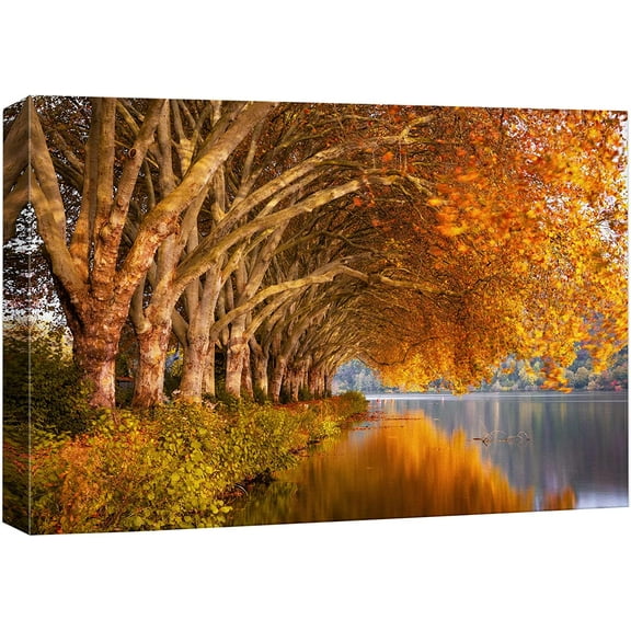 VELVET Canvas Print Wall Art Autumn Fall Orange Leaf Forest Lake Nature Wilderness Photography Realism Earth Scenery Rustic Scenic Landscape Colorful for Living Room, Bedroom, Office 16x12inch Framed