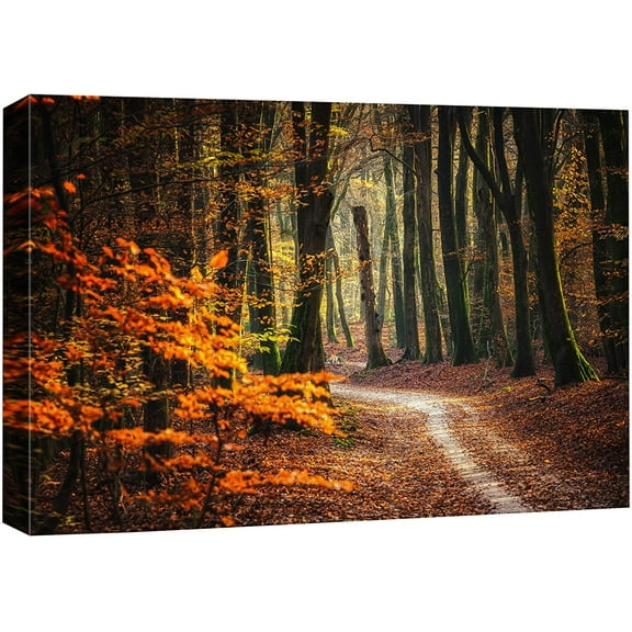 VELVET Canvas Print Wall Art Autumn Fall Orange Leaf Forest Tree Trail Nature Wilderness Photography Realism Earth Scenery Rustic Scenic Landscape Colorful for Living Room, Bedroom, 18x12inch Framed